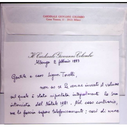 Cartoncino autografo del Cardinale  Giovanni Colombo - 1983